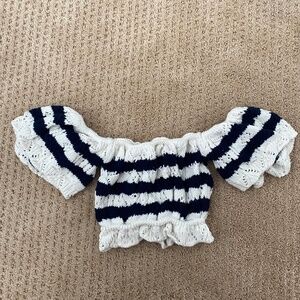 Zara off the shoulder, puffy sleeve striped crotchet crop top